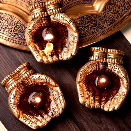 Engraved Design Two Hands Brass Diwali Diyas Pack of 3